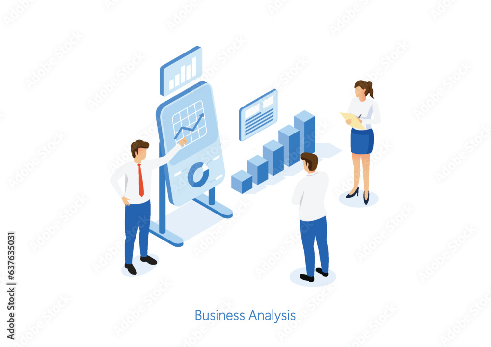 Poster isometric design statistical and data analysis for business finance investment concept with business