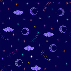 celestial night sky seamless pattern. blue moon crescent cloud stars background.  starry night pattern. good for fabric, wallpaper, bedding, pajama, textile, background, kid's wear.