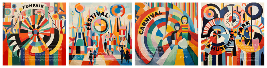 Carnival and Funfair creative retro art square banner set. Festival and Amusement park vintage typography card design. Poster with promo text on colorful abstract pattern. Vector modern trendy cover
