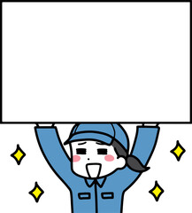 パネルで紹介している作業服＆帽子の若い女性