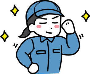 力持ちポーズのかっこいい作業服＆帽子の若い女性