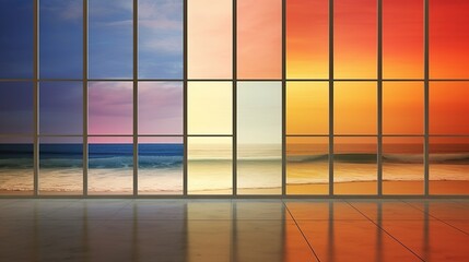 Sunset on the beach with sea view through the window. 3d rendering