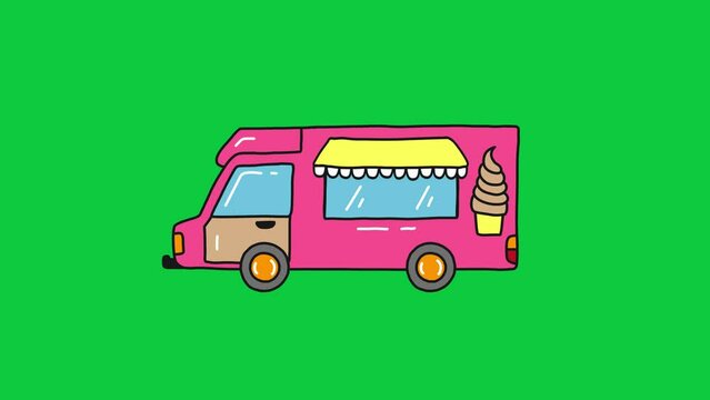 Cartoon Ice Cream Truck Car Animation Start Engine Running Wheel Rotation Green Screen, Cute Car Animation for Kids
