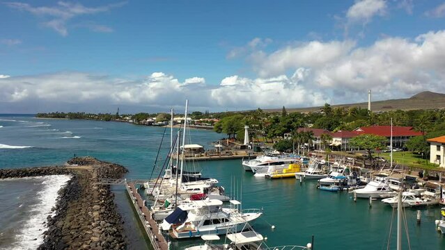 LAHAINA, MAUI, HAWAII - 2023 - Very good aerial over the harbor at Lahaina, Maui, Hawaii before it was destroyed by fire.