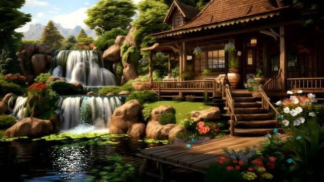Beautiful ancient Wooden house in forest with river, waterfall, tree, green grass video background 