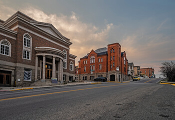 Evening view of historic brick churches in downtown Butte, Montana, USA