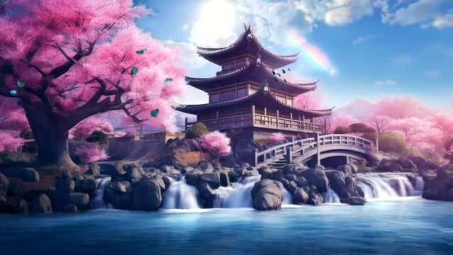 japan temple with cherry blossom tree and bridge, waterfall, river, lake, beautiful video background