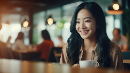 A beautiful young Asian woman smiling holding a cup having a coffee in a coffee shop.
