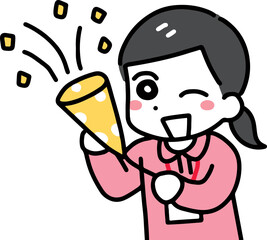 笑顔でクラッカーを鳴らす介護スタッフの若い女性(上半身・ポロシャツ)