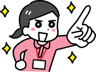 笑顔で指を差す介護士の若い女性(上半身・ポロシャツ)