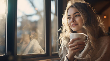 A beautiful young woman smiling holding a cup drinking coffee in a coffee shop. - Powered by Adobe