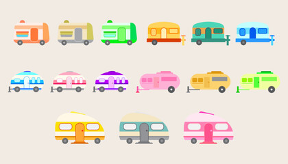 Collection  camping caravan cars and trailers vehicles of travel caravans for camper.Set of camping car.