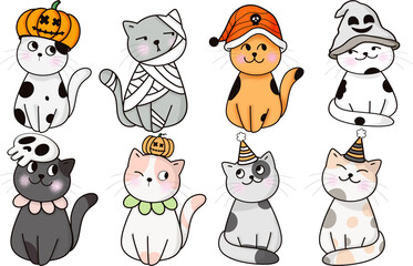 Halloween kawaii cat with costume vector illustration. Cartoon black cat prepared for halloween party. Cute clipart for stickers, nursery room, book prints, background, invitations, greeting cards