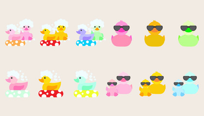 Collection icon rubber duck or ducky bath toy flat. Cute rubber floating for children. set of rubber duck.