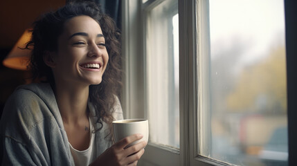 A beautiful young woman smiling holding a cup drinking coffee in a coffee shop.