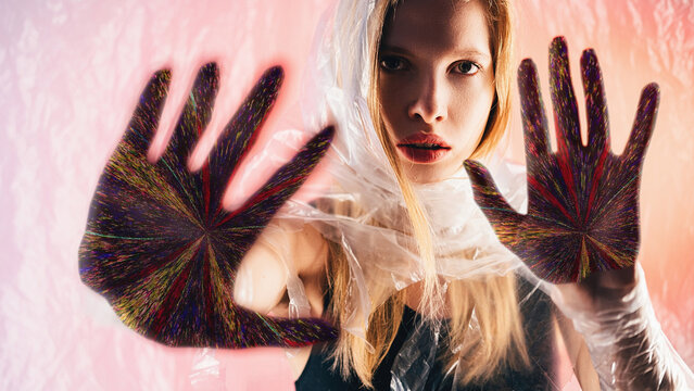 Future prediction. Nft art. Palmistry fortune. Confident oracle woman face colorful glitch noise hand palms on peach pink glow background. - Powered by Adobe