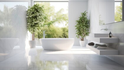 Fototapeta premium White tiles and green wood for bathroom and bathtub interior