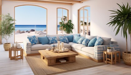 Interior of the living room with a view of the Mediterranean Sea