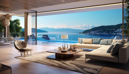 Luxurious hotel villa interior with ocean view