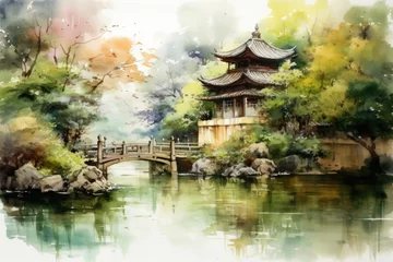 Zelfklevend Fotobehang Chinese ink landscape painting created digitally Generative AI © EnelEva
