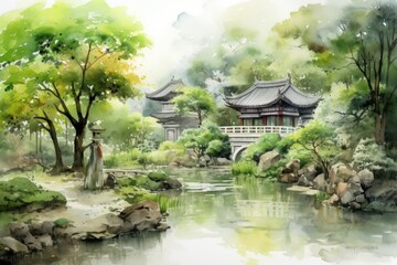 Fototapeta na wymiar Chinese ink landscape painting created digitally Generative AI