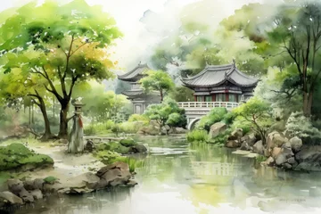 Rolgordijnen Chinese ink landscape painting created digitally Generative AI © EnelEva