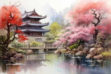Cercles muraux Lieu de culte Chinese ink landscape painting created digitally Generative AI