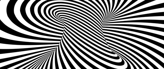 Fototapeta na wymiar Abstract hypnotic spinning lines background. Black and white tunnel wallpaper. Psychedelic twisted stripes pattern. Rotating spiral or knot template for poster, banner, cover. Vector optical illusion