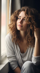 Fototapeta premium A beautiful young woman smiling happily next to a window.