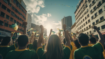 People with their backs to the camera with a Brazilian flag on Brazil's Independence Day.