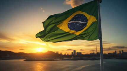 Flag of Brazil flying on a flagpole against a sunset sky, Independence Day of Brazil.