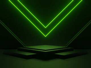3D black geometric podium with green neon lights. Sci-Fi mock up. © Kavik