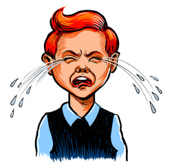 Crying boy. Retro styled hand-drawn ink on paper and hand colored on tablet