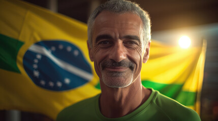 Fototapeta premium A man smiling at the camera with a Brazilian flag on Brazil's Independence Day.