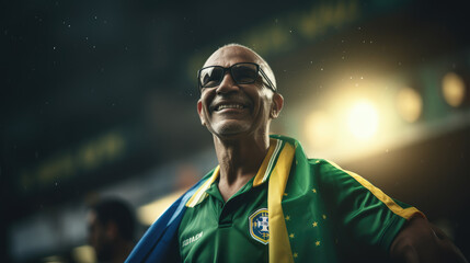 A man smiling full length with a brazilian flag on brazil independence day.
