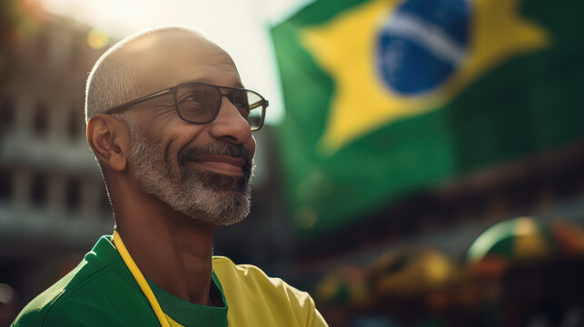 A man smiling at the camera with a Brazilian flag on Brazil's Independence Day.