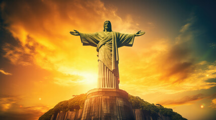Jesus Christ with open arms against the setting sun in honor of Brazil's Independence Day. - obrazy, fototapety, plakaty