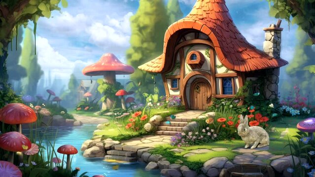 Fairy house in forest with amazing fantasy video with mushroom, flowers, river