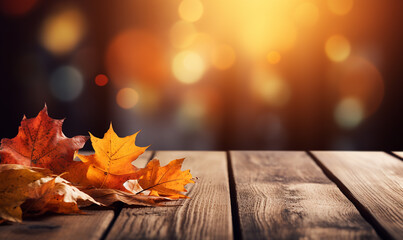 Naklejka na ściany i meble Generative AI Image of Autumn Fall Background with Orange Maple Leaves on a Wooden Table