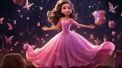 Enchanting cartoon princess in a sparkly pink gown. A magical and dreamy character.
