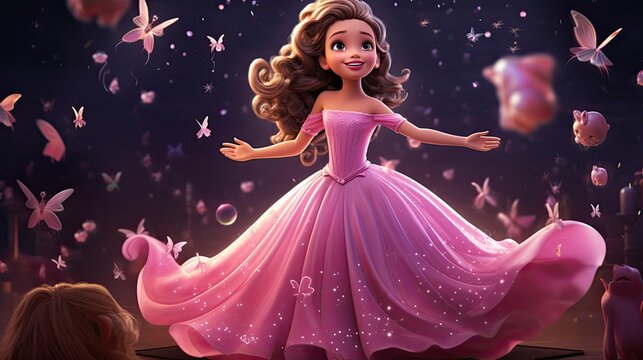 Enchanting cartoon princess in a sparkly pink gown. A magical and dreamy character.