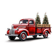 Holiday Red Truck carries a Christmas tree and gifts .on a white background. illustration for postcard or children's book. 
