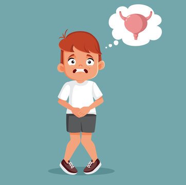 Little Boy Holding his Tummy Urging to Pee Vector Cartoon Illustration. Stressed child dealing with urinary incontinence 

