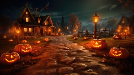 house with pumpkins at night, halloween mood style, nightmarish illustrations.Happy Halloween and Scary Night background. 