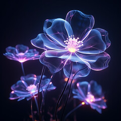 Digital futuristic navy blue and pink, yellow and white, color Plumeria Digital futuristic wallpaper, neon light glow blossom wireframe, background with flower cyber hologram