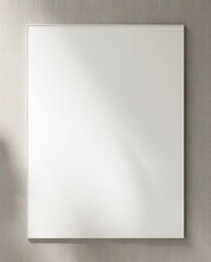 Blank large white photo poster wooden frame on beige cream vertical stripe wallpaper wall in...