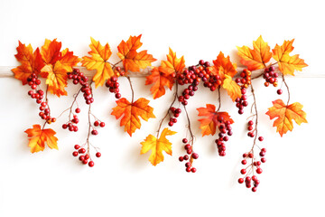 horizontal garland with red, orange, brown and yellow autumn leaves on a white background. 