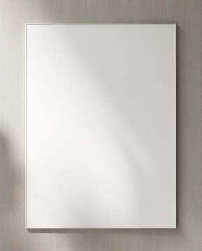 Blank large white photo poster wooden frame on beige cream vertical stripe wallpaper wall in sunlight, leaf shadow for minimal, elegant, luxury, modern art, mural, painting template background 3D