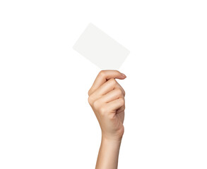 Woman hand holding white card on isolated background.