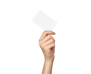 Woman hand holding white card on isolated background.